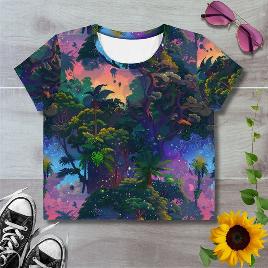 Women's all over print cropped t-shirt. Treetops against colorful vibrant skies