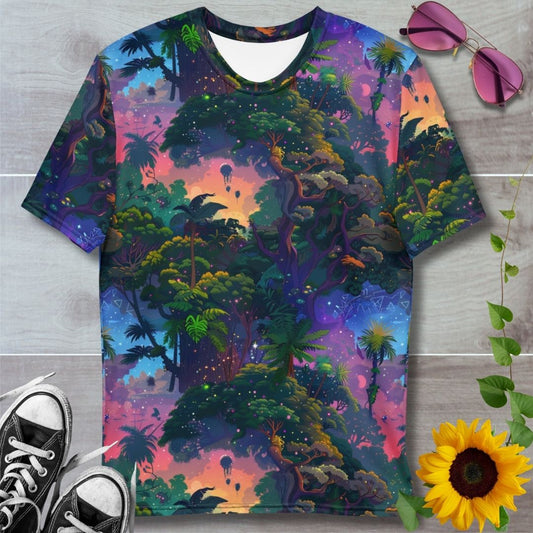 Men's all over print t-shirt. Vibrant tree top graphics with glowing orange and pink skies