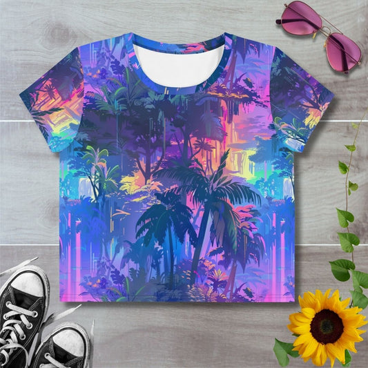 Women's all over print cropped t-shirt. Violet haze over rainbow waterfalls and jungle trees