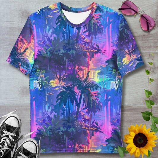 Men's all over print t-shirt. Violet hazed rainbow waterfalls