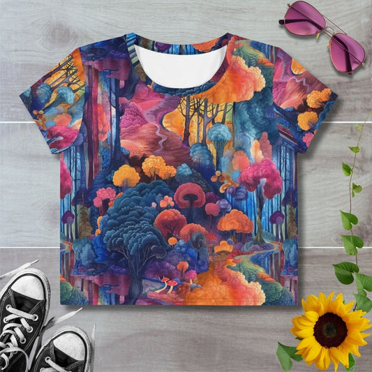 Women's all over print cropped t-shirt. Watercolor pencil drawing style colorful walk in the woods