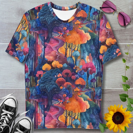 Men's all over print t-shirt. Watercolor style walk in the woods, oranges and blues