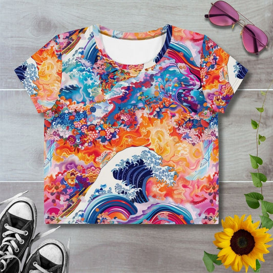 Women's all over print cropped t-shirt. Psychedelic style Japanese woodblock print Great wave of Kanagawa over swirling orange and delicate florals