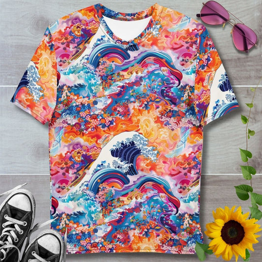 Men's all over print t-shirt. Psychedelic take on the Japanese woodblock print Great wave of Kanagawa across orange and delicate floral patterns