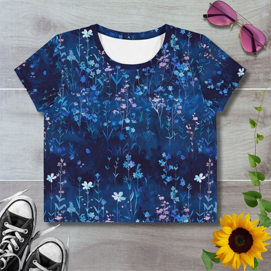 Women's all over print cropped t-shirt. Delicate blue florals