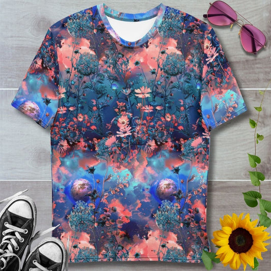 Men's all over print t-shirt. Pink and blue wildflowers