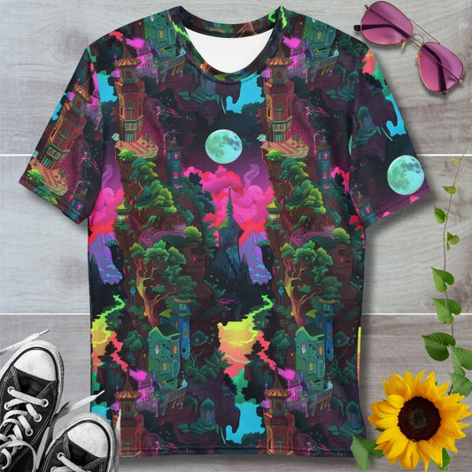 Men's all over print t-shirt. Dark fantasy design, castle in the forest, glowing full moon
