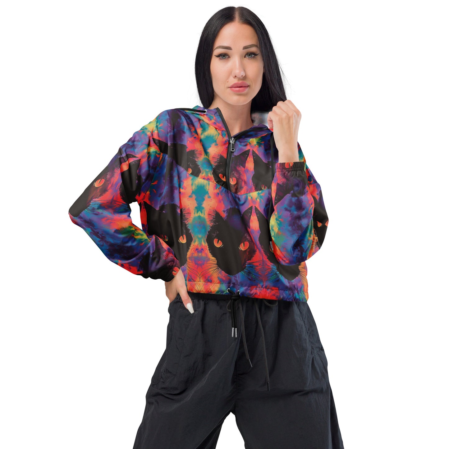 Rave Cat Tie Dye Women’s Cropped Windbreaker