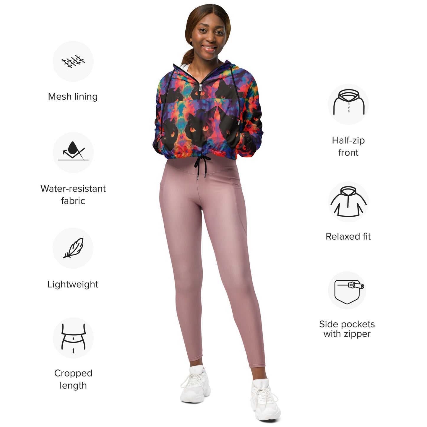 Rave Cat Tie Dye Women’s Cropped Windbreaker